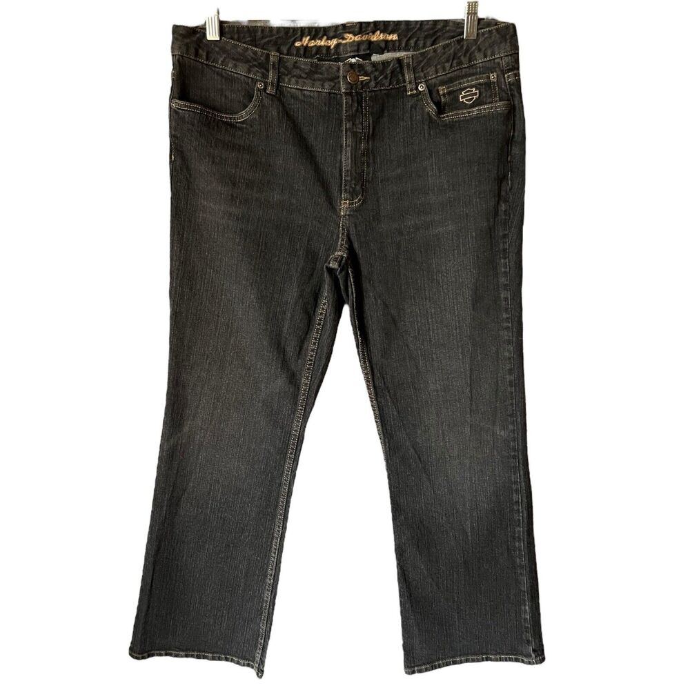 Y2K Harley Davidson Black Woman Jeans 16 Petite Straight Leg Biker Rocker Grunge